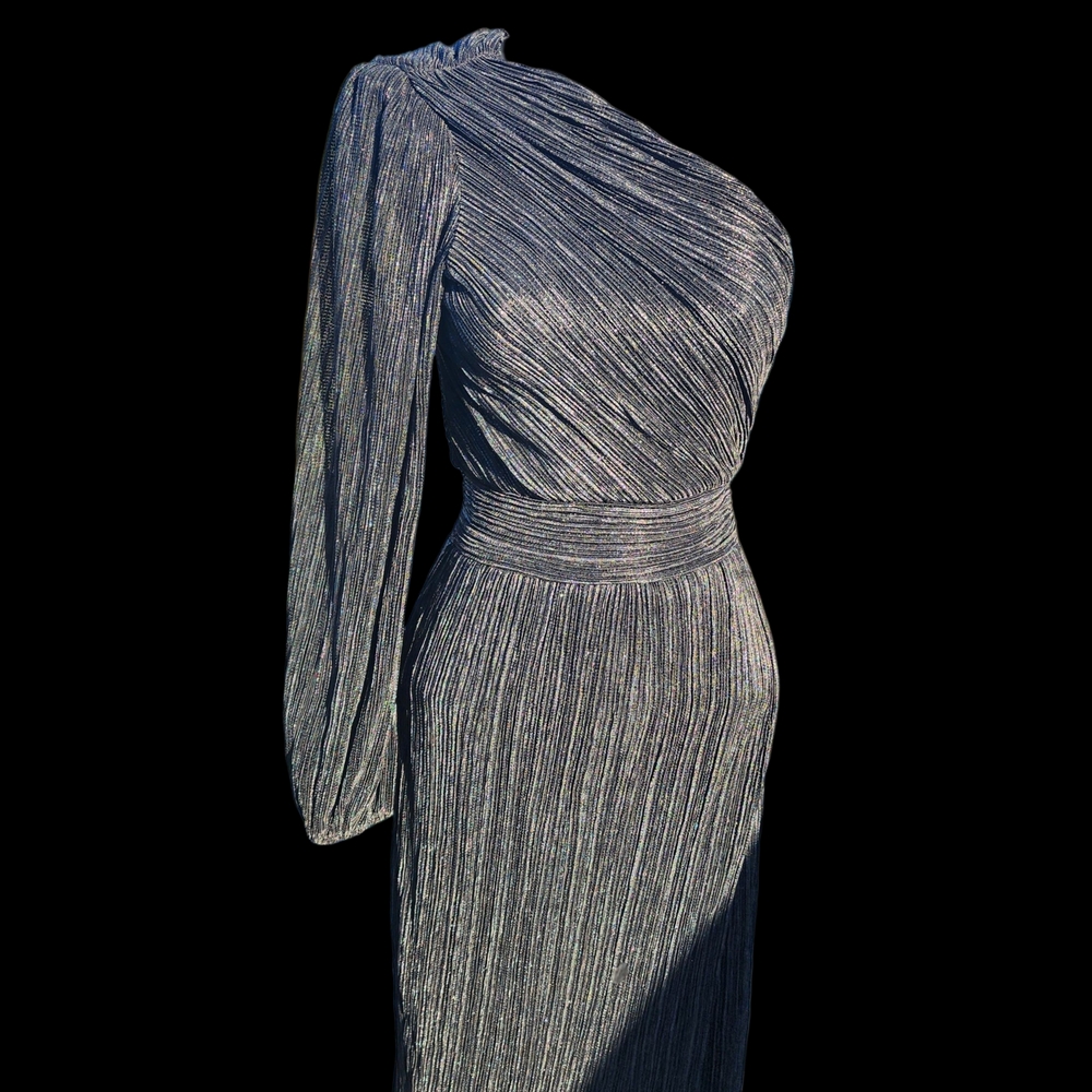 SAYLOR Alora Shimmering Black One Shoulder Formal Midi Split Hem Dress size XS